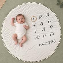 Newborn Photography Props, Round Baby Monthly Milestone Blanket With Pom Pom Trim, 1-12 Months Growth Photo Backdrop For Boys & Girls - White - View 1