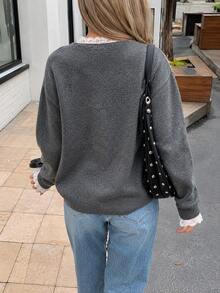 Women's Chic Knit V-Neck Pullover Sweater With Contrast Lace Trim Long Sleeves, Perfect For Fall And Winter. - Grey - View 3