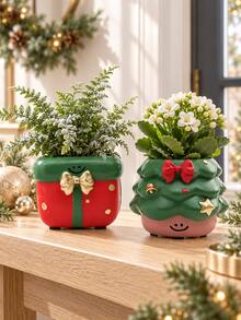 1pc Christmas Tree And Gift Box Shaped Planter, Cute Festive Small Plant Pot With Bow And Star Details, Holiday Home Decor For Succulents, Windowsill, Office Desk, Shelf And Tabletop Display - New Product - View 4