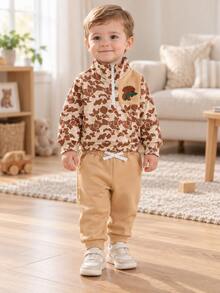 2Pcs Vintage Brown Cow Print Half-Zip Top & Elastic Waist Sweatpants Set - Camel - View 5