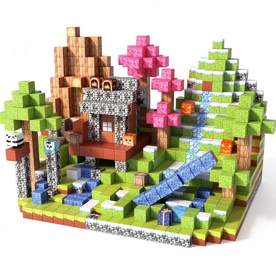 100PCS Colorful Valley Village Magnetic Building Blocks, DIY Stacking Cube Playset With Animals & Treasure Chest, STEM Educational Toy, Parent‑Child Interactive Gift For Boys Girls 3+ Years Old, Birthday Holiday Present - Multicolor - View 1