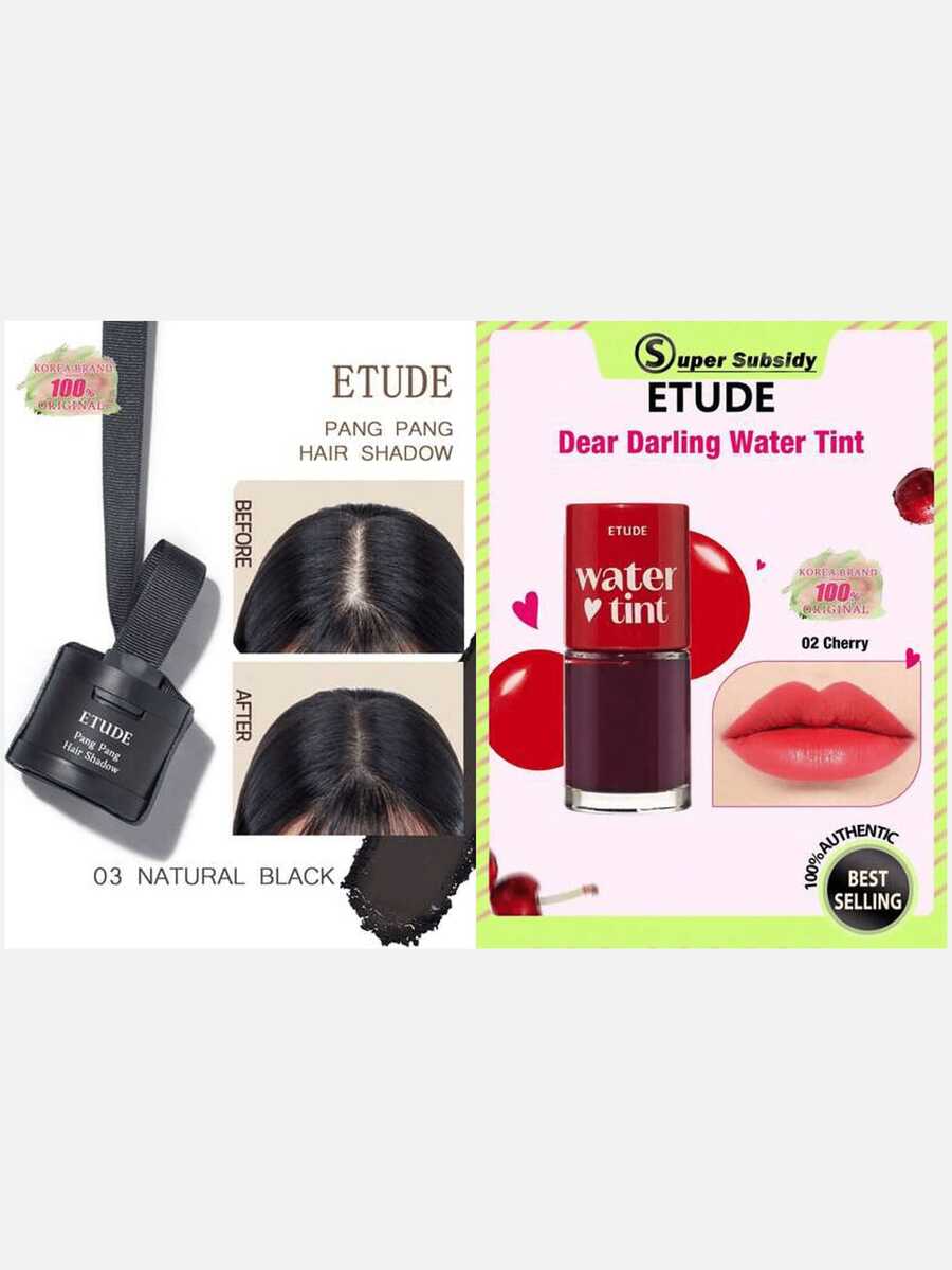 ETUDE PANG PANG HAIR SHADOW 03 Natural Black, Waterproof, Easy To Clean, Water And Sweat Resistant Coating Powder + Dear Darling 02 Watery Lip Gloss, 2pcs Set - 03 NATURAL BLACK & #02 Cherry - View 1
