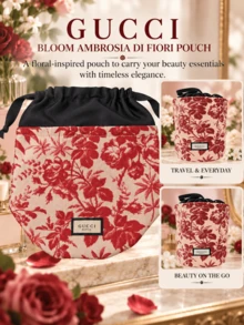 Tas Penyimpanan Gucci Floral Charm, 14,5*19cm, terbuat dari kain lembut dan ringan, dengan penutup tali serut, cocok untuk menyimpan riasan dan barang-barang kecil lainnya saat bepergian. - Merah - View 9