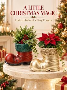 1pc Christmas Shoe-Shaped Planter, Vintage Country Boot Planter With Decorative Textured Trim, Holiday Plant Stand, Suitable For Living Room, Mantel, Entryway And Tabletop Decor Center - New Product - View 6