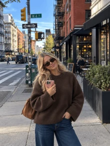 Women's Round Neck Dropped Shoulder Knit Sweater, Loose Fit Solid Color Basic Pullover Top, Vintage Style, Suitable For Commuting - Coffee Brown - View 5
