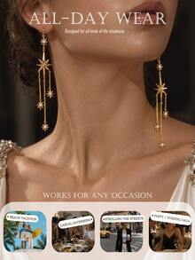 1pc Octagram North Star Multi-Chain Tassel Earrings, Rhinestone Embellished Celestial Style Long Drop Ear Hooks, Suitable For Prom, Wedding, Party - Rhinestones - View 5