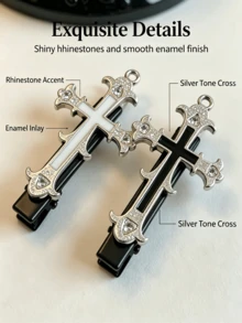 2pcs Gothic Rhinestone Cross Hair Clips For Women, Punk Metal Enamel Hair Clips, Side Bangs Hair Clips, Dark Street Style Daily Party Hair Accessories - Multicolor - View 3
