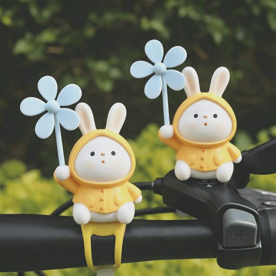 1pc Yellow Raincoat Rabbit Windmill Car Ornament, PVC Material, 2 Options: Seamless Sticker/Silicone Strap, Suitable For Bicycle, Electric Bike, Motorcycle, Car Universal Decoration
