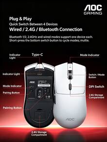 AOC GM230 Tri-Mode Wireless Mouse Bluetooth 2.4G Wired Lightweight Gaming Mouse Universal For Laptop Office Multiple Colors Available - View 3