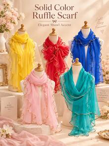New Women's Solid Color Ruffle Shawl, Lightweight Breathable Scarf, Long Versatile Scarf, Suitable For Casual Wear, Can Be Used As Shoulder Wrap And Headscarf, Fashionable Multi-Purpose Accessory, Suitable For Daily Wear, Travel, Outdoor Styling And Vacation - Multicolor - View 2