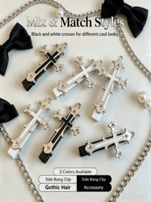2pcs Gothic Rhinestone Cross Hair Clips For Women, Punk Metal Enamel Hair Clips, Side Bangs Hair Clips, Dark Street Style Daily Party Hair Accessories - Multicolor - View 6