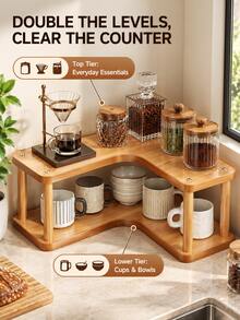 1 buah Rak Display Sudut Premium - Rak Penyimpanan Kayu Solid Dua Lapis, Penyimpanan Kapasitas Besar dengan Sekat Dua Lapis, Sempurna untuk Dapur, Bar Air, Area Kopi | Baki Berlapis untuk Peralatan Makan | Meja Kantor/Meja Kerja Komputer | Alat Penghemat Ruang di Meja | Stand Display Perlengkapan Mandi - MultiWarna - View 6