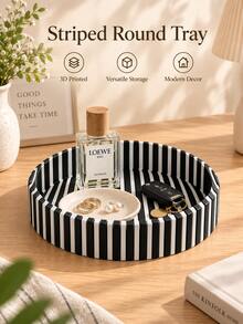 1pc 3D Printed Striped Round Tray, Quantum Style Decorative Storage Tray, Aesthetic Tabletop Ornament, Multi-Purpose Desktop Organizer For Small Items, Modern Home Table Decor - Multicolor - View 10