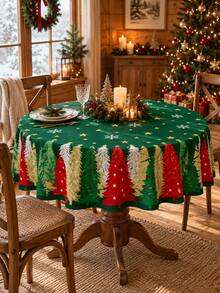 1 Christmas Tablecloth, Green Christmas Tree Patterned Table Cover, Holiday Kitchen Party Decoration, Christmas Dinner Festive Home Decoration - Multicolor - View 3