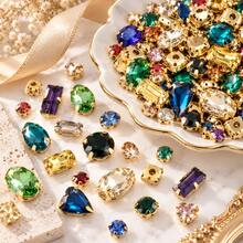 100pcs/200pcs Assorted Colors Gold Claw Setting Glass Rhinestones, Multi-Shape With Holes, Hand-Sewn Crystals For Dresses, Shoes, Bags, Headwear, Phone Cases, DIY Handmade Decoration Accessories Material Pack - Multicolor - View 1