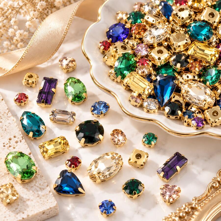 100pcs/200pcs Assorted Colors Gold Claw Setting Glass Rhinestones, Multi-Shape With Holes, Hand-Sewn Crystals For Dresses, Shoes, Bags, Headwear, Phone Cases, DIY Handmade Decoration Accessories Material Pack - Multicolor - View 1
