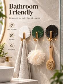 4pcs Shell-Shaped Self-Adhesive Double Hooks, No-Drill Textured Wall Hooks, Suitable For Towels, Bags, Keys, Bath Sponges, Bathroom, Bedroom, Kitchen, Entryway, Home Decor And Accessories - Multicolor - View 9