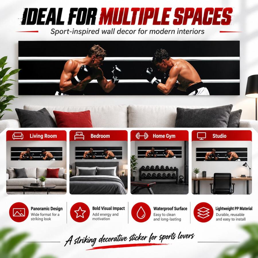 1pc Multi-Size Self-Adhesive Waterproof Polypropylene PP Boxing Theme Decorative Sticker, Modern Sports Black & White Boxing Ring Panoramic Mural With Vibrant Colors, Easy To Clean Wall Decor, Suitable For Home Gym, Office, Studio, All Seasons