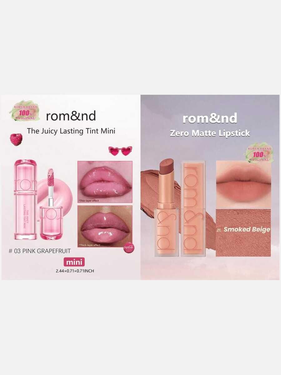 Rom&nd Romand THE JUICY LASTING TINT MINI 03 Pink Grapefruit 1g/0.04 Oz + ZERO MATTE Matte Lipstick #21 Smoky Beige, 2pcs Set - 03 PINK GRAPEFRUIT+#21 SMOKED BEIGE - View 1
