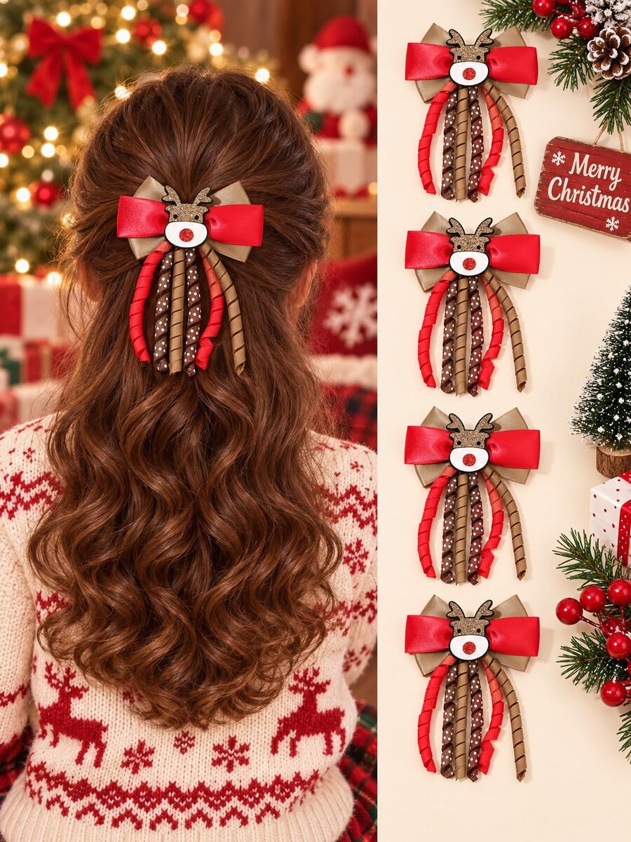 2pcs Christmas Curly Tassel Hair Clips For Girls /Elk Decor Alligator Clips Delicate Christmas Gift Hairpins Cute Sweet Party Kids Hair Accessories - Multicolor - View 1