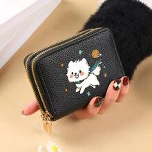 1PC Cute "Puppy" Floral Print Double Zipper Credit Card Holder - Compact Double Zipper Wallet With Animal Design - Large Capacity Cash, ID, Credit Card And Essentials Storage Coin Purse, Perfect Gift For Family And Friends - Multicolor - View 1