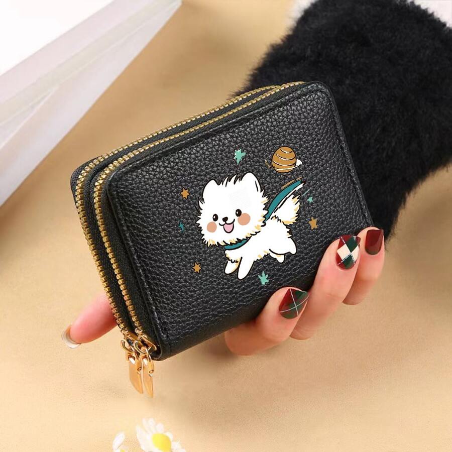 1PC Cute "Puppy" Floral Print Double Zipper Credit Card Holder - Compact Double Zipper Wallet With Animal Design - Large Capacity Cash, ID, Credit Card And Essentials Storage Coin Purse, Perfect Gift For Family And Friends - Multicolor - View 1