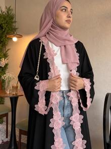 2pcs Set Abaya Elegan Kasual Menawan dengan Jilbab, Cardigan Berenda, dan Jubah Panjang untuk Pesta dan Pakaian Kasual - Hitam - View 5