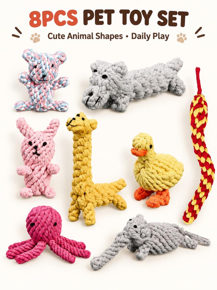 8PCS Assorted Animal Pet Rope Toy Set, Bear Rabbit Duck Giraffe Octopus ...