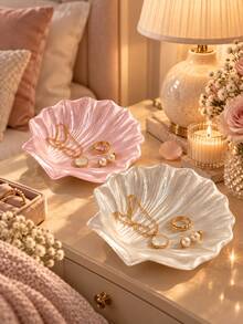 1pc Pearl Luster Shell Shaped Jewelry Tray, Elegant Pink And White Color Vanity Storage Box, Suitable For Rings, Earrings, Necklaces And Bracelets, Bedroom Decor Storage Tray, Suitable For Vanity, Gifts, Weddings, Bridesmaid Gifts, Room Decor - Multicolor - View 3