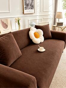 1pc Solid Color Milk Silk Stretch Full Cover Sofa Slipcover + 1pc Matching Pillow Sham Cover Without Filling - Coffee Brown - View 2