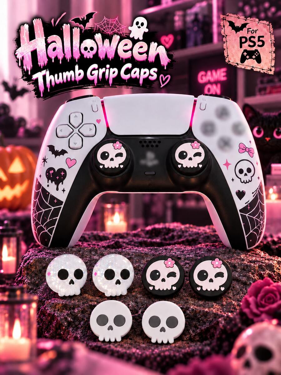 Compatible With PlayStation 4, 5 And Switch Pro Controllers; 2 Sets Of Halloween Themed Joystick Caps - High Performance Controller Joystick Caps, Available In White, Pink Or Crystal Skull Designs; Ideal Halloween Gift Choice. - View 1