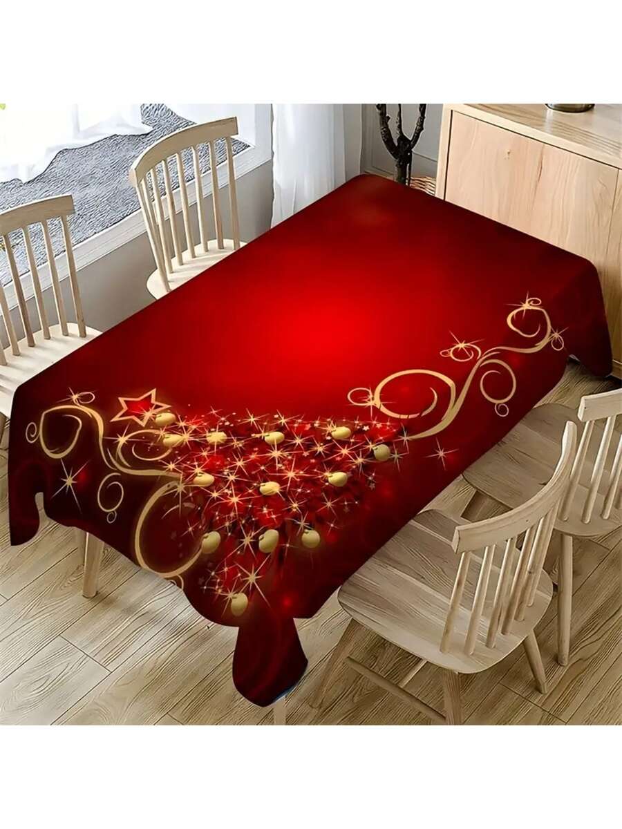 1pc Christmas Theme Tablecloth, Waterproof And Oil-Resistant, Polyester Material, Rectangular, Woven, Durable Fabric, Holiday Home Decor, Christmas Decoration, Kitchen And Dining Table Cover, Suitable For Indoor And Outdoor Use - Multicolor - View 1