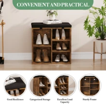 Wanfeeso Entryway Shoe Bench With Storage - Upholstered Seating Bench With Open Compartments & Side Pockets - Space-Saving Shoe Rack Organiser For Hallway & Bedroom - Retro Color 51*30.5*53 - View 3