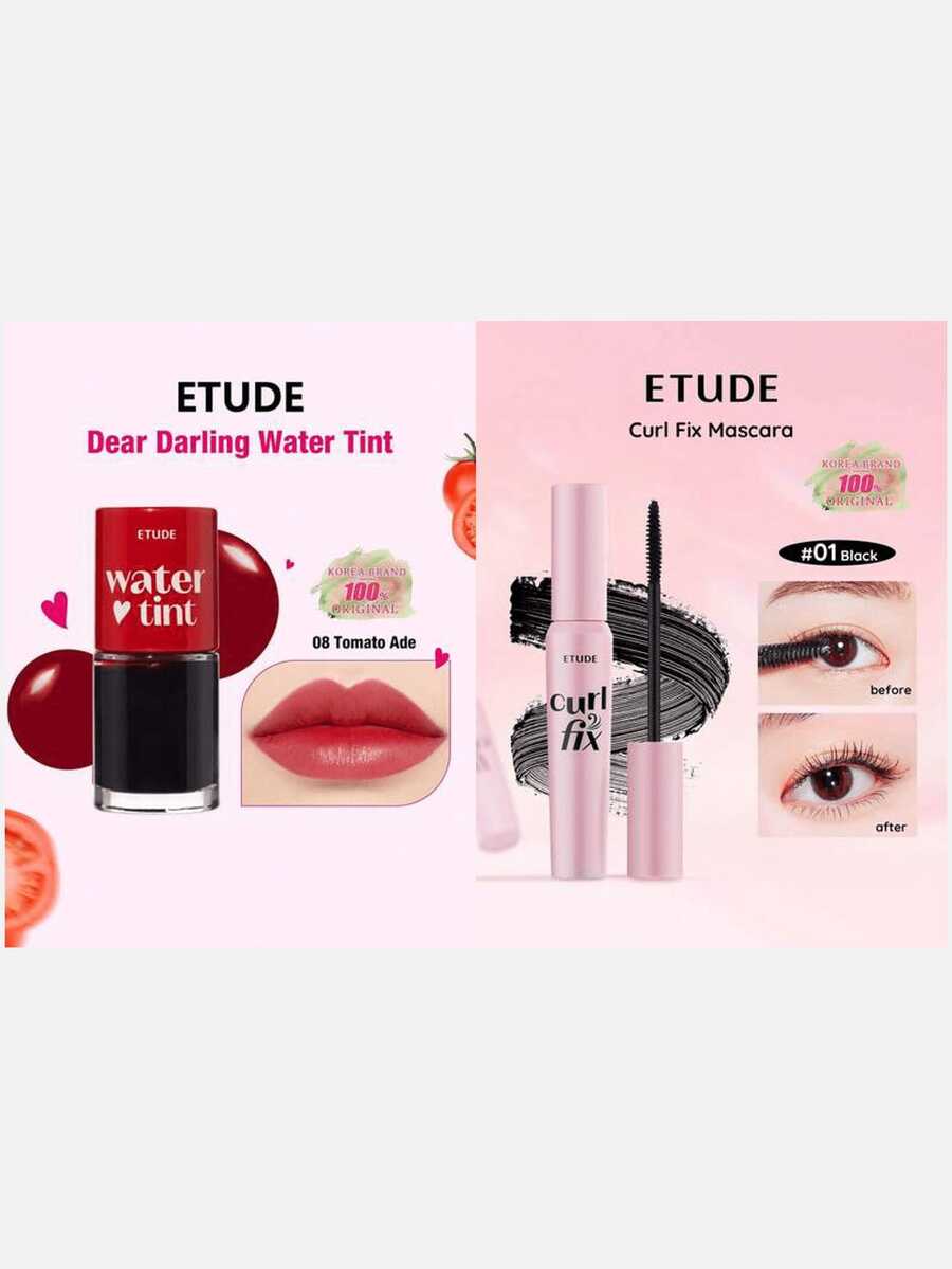 ETUDE Dear Darling Water Tint 08 Tomato Juice + Curl Fix Mascara #1 Black, Featuring Curl 24H Technology, Effectively Curls And Volumizes Thin Lashes For Up To 24 Hours - 08  Tomato Ade & 01 Black - View 1