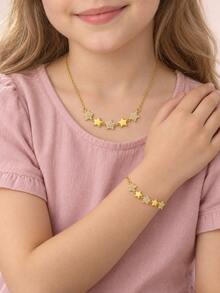2pcs/Set Gold Tone Rhinestone Five Point Star Necklace Bracelet Set Cute Sparkly Kids Jewelry For Girls Daily Party School Birthday Gift - Gold - View 2