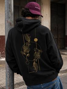 FRACTYR Men's Black Hooded Sweatshirt, Gold Koi Fish Line Print Loose Streetwear Pullover Sweatshirt - Black - View 1