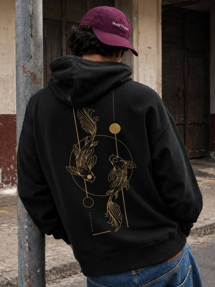 FRACTYR Men's Black Hooded Sweatshirt, Gold Koi Fish Line Print Loose Streetwear Pullover Sweatshirt - Black - View 1