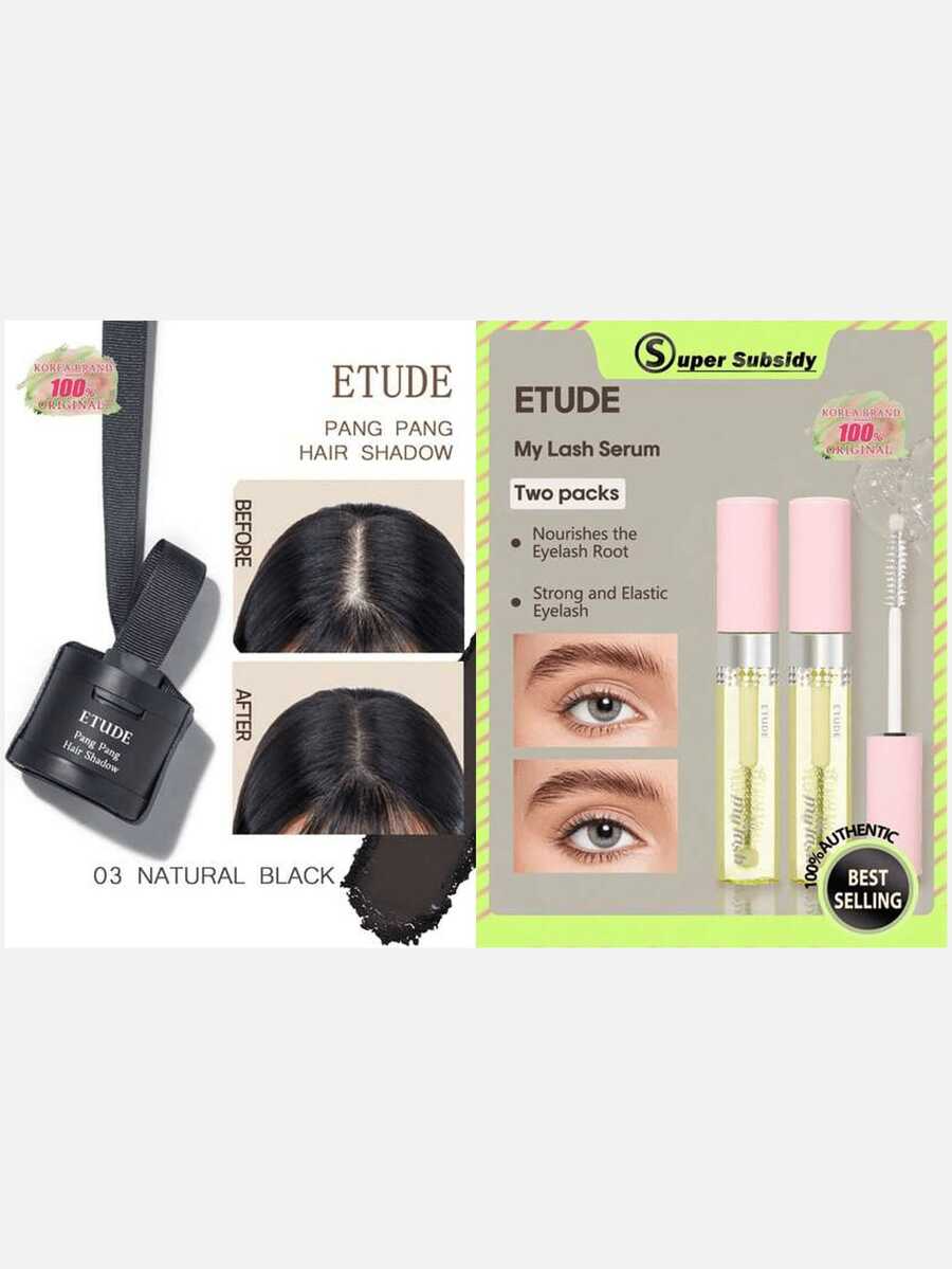 ETUDE PANG PANG HAIR SHADOW 03 Natural Black, Waterproof, Easy To Clean, Water And Sweat Resistant Coating Powder + My Lash Serum 9g Dual Pack, 2pcs Set - 03 NATURAL BLACK & Two packs - View 1