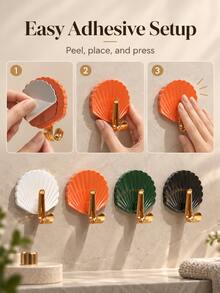 4pcs Shell-Shaped Self-Adhesive Double Hooks, No-Drill Textured Wall Hooks, Suitable For Towels, Bags, Keys, Bath Sponges, Bathroom, Bedroom, Kitchen, Entryway, Home Decor And Accessories - Multicolor - View 8