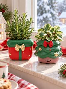 1pc Christmas Tree And Gift Box Shaped Planter, Cute Festive Small Plant Pot With Bow And Star Details, Holiday Home Decor For Succulents, Windowsill, Office Desk, Shelf And Tabletop Display - New Model - View 7
