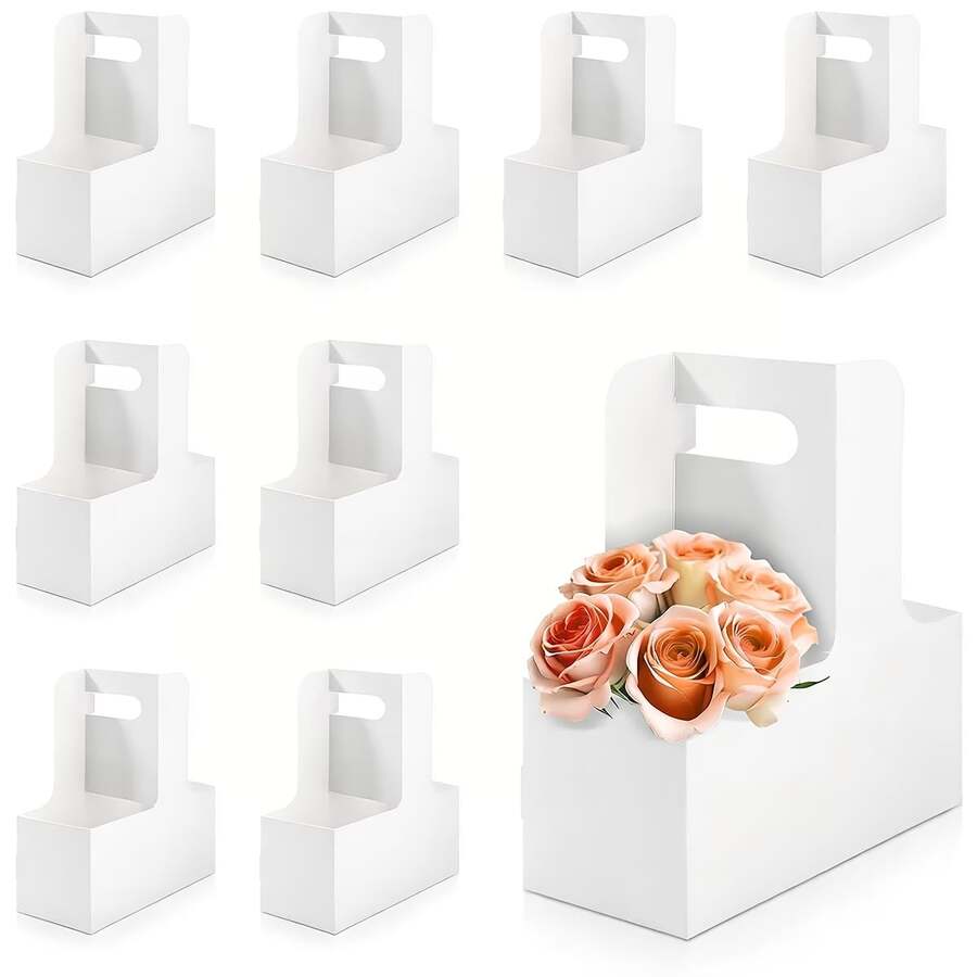 10/15pcs Handheld Window Floral & Beverage Gift Box, Thickened White Cardboard Sturdy & Shaped, Easy Assembly Foldable Storage, Window Design Suitable For Fresh Flower & Beverage Combination Packaging, Birthday & Anniversary Gift Atmosphere - Multicolor - View 1