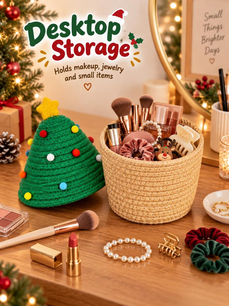 Keranjang Penyimpanan Meja Anyaman Berbentuk Pohon Natal dengan Tutup Kerucut yang Dapat Dilepas, Hiasan Bintang dan Bola, Ember Penyimpanan dengan Tutup, Cocok untuk Kosmetik, Perhiasan, Jepit Rambut, Lipstik, Pulpen, Kunci, Meja Rias, Meja Kantor, Kamar Tidur, Pajangan Pesta, Hadiah Musim Dingin