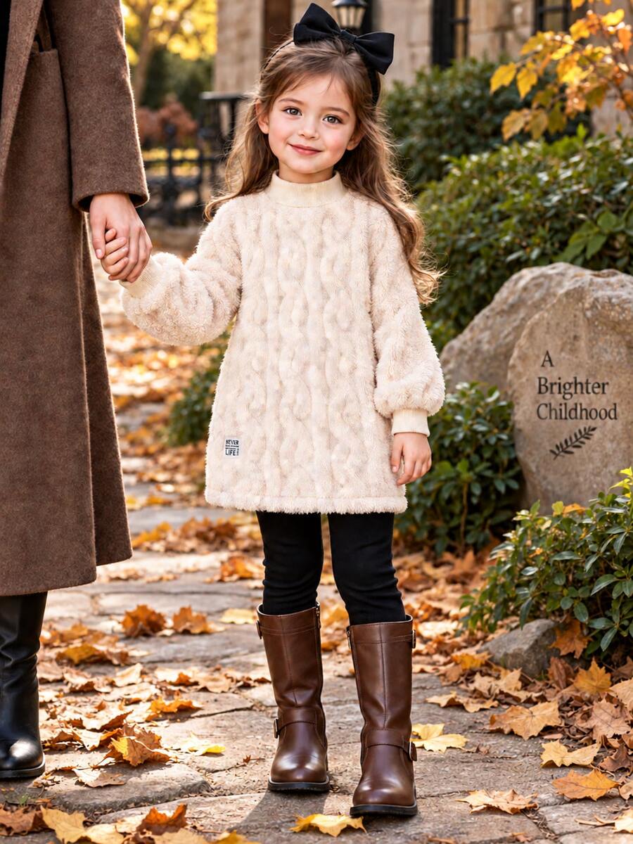 Young Girls Minimalist Fashion Beige High Neck Long Sleeve Suede Waist Dress, Autumn/Winter New Style - Beige - View 1