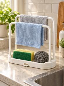 Kitchen Dish Cloth Rack And Double Bar Dish Drying Rack With Sponge Holder, Drip Tray And Brush Holder, Vertical Countertop Kitchen Storage Organizer, Can Hang Towels, Dry Sponges And Store Cleaning Tools, Home And Dorm Kitchen Essentials - Multicolor - View 5