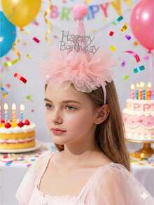 1pc Happy Birthday Pink Tulle Headband, Rhinestone Birthday Crown Headpiece, Fashion Hair Accessory, Suitable For Girls/Daughters Party Gift - Pink - View 2