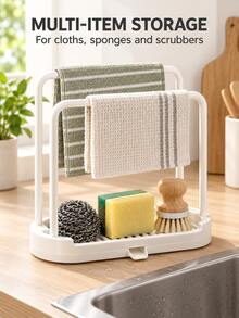 Kitchen Dish Cloth Rack And Double Bar Dish Drying Rack With Sponge Holder, Drip Tray And Brush Holder, Vertical Countertop Kitchen Storage Organizer, Can Hang Towels, Dry Sponges And Store Cleaning Tools, Home And Dorm Kitchen Essentials - Multicolor - View 7