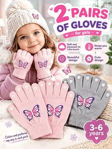 2 Pairs Kids Autumn/Winter Baby Knitted Five-Finger Woolen Warm Thick Split-Finger Gloves, Cold-Proof, Small Butterfly Design - Butterfly Gloves - View 5