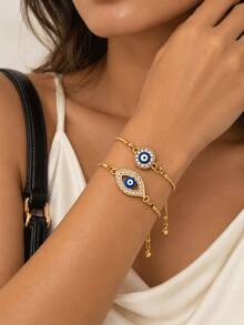 2pcs Vintage Bohemian Style Evil Eye Oil Drip Copper Inlaid Zirconia Bracelet, Suitable For Women's Daily Wear - Yellow Gold - View 2