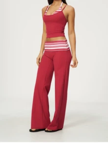 Fashionable Red Striped Halter Neck Cropped Top With High Waist Wide Leg Pants Set (Women) - Red - View 7