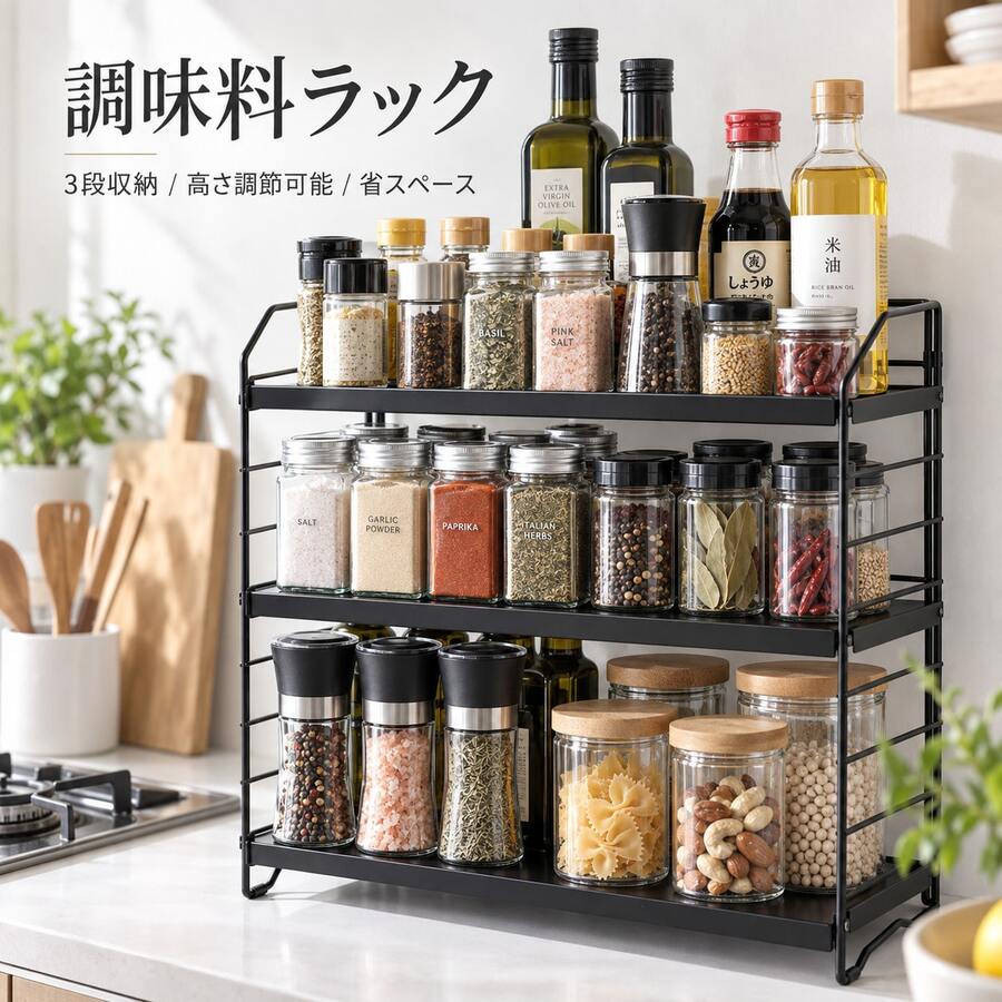 調味料ラック スパイスラック 調味料 収納 3段 キッチンラック 組立簡単 大容量 調味料棚 滑り止め付 卓上 スリム 【組立1分×高さ9段階で調整可能】 - ブラック - チェックする 1